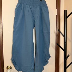 Smocked Waist Blue Wide-Leg Ruffled Hem Bottoms